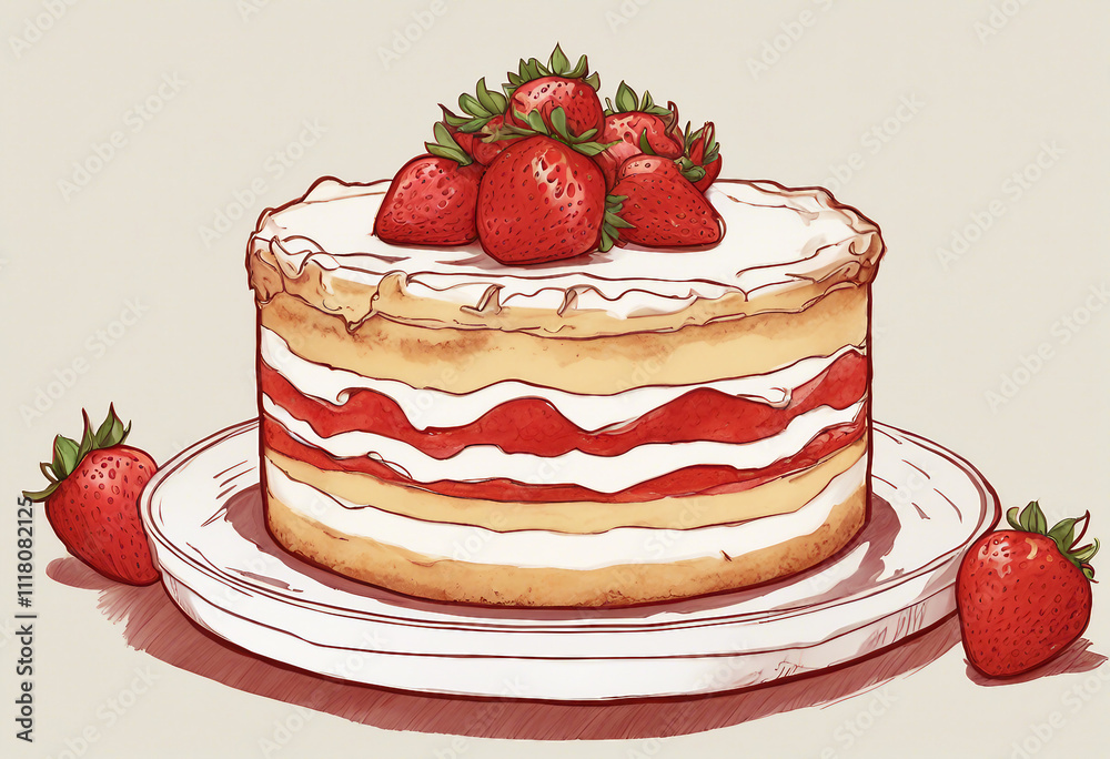 Illustration layered strawberry shortcake on a white plate. Illustration layered strawberry shortcake on a white plate.