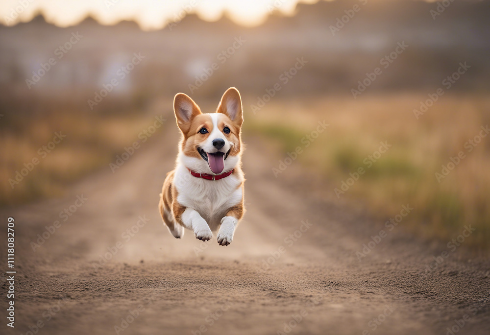Small dog running on a dirt path. The dog appears to be in mid-air, with all four paws off the ground. Small dog running on a dirt path. The dog appears to be in mid-air, with all four paws off the ground.