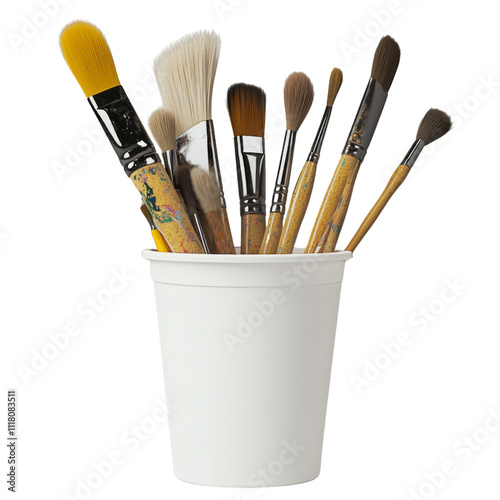 collection of various paintbrushes in white cup, showcasing different sizes and bristle types, perfect for artistic creativity and painting projects