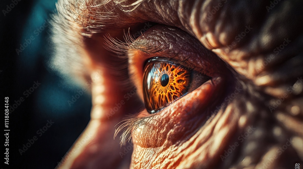 Extreme close-up macro photograph of a human eye with striking amber and turquoise iris patterns, showing detailed skin texture and wrinkles around the eye Extreme close-up macro photograph of a human eye with striking amber and turquoise iris patterns, showing detailed skin texture and wrinkles around the eye