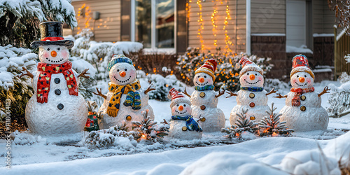 Cheerful snowman family in snowy yard with festive decorations