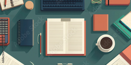 flat lay of office items with coffee cup and notebook