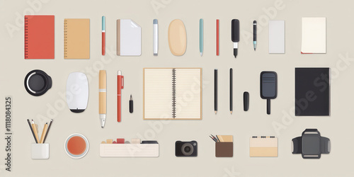 flat lay of office items arranged with organization and style