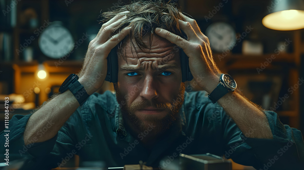Fototapeta premium Blue Monday Desk Stress concept as Worker with hands on head at desk showing high stress levels on Blue Monday suitable for magazine advertisement with copy space. in Photo Stock Concept 