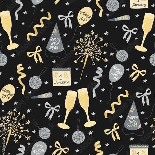 Celebratory New Years Eve seamless pattern with champagne glasses, balloons, sparkles, and festive decorations on dark background, perfect for New Year celebrations. Vector hand drawn illustration