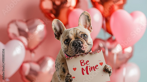 playful French Bulldog holding Valentine card