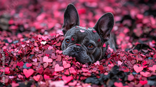 playful French Bulldog surrounded by heart shaped confetti