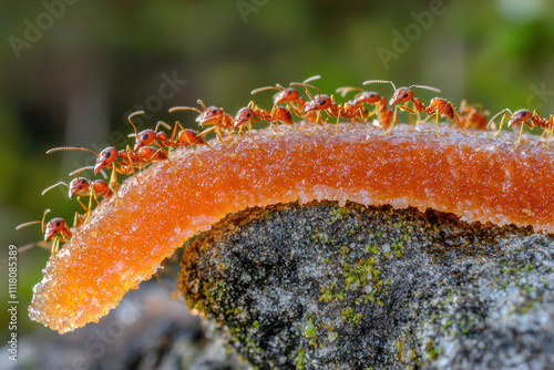 Close up of ants swarming on sugary substance