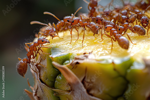 Close up of ants swarming pineapple slice, showcasing nature