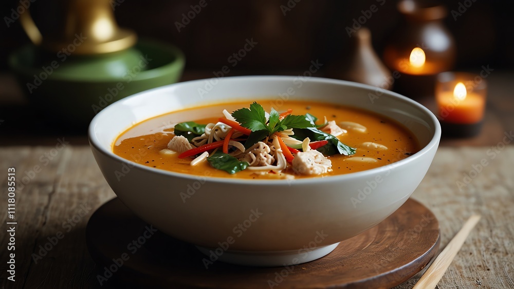 A large bowl of chicken and vegetable soup, light orange in color A large bowl of chicken and vegetable soup, light orange in color
