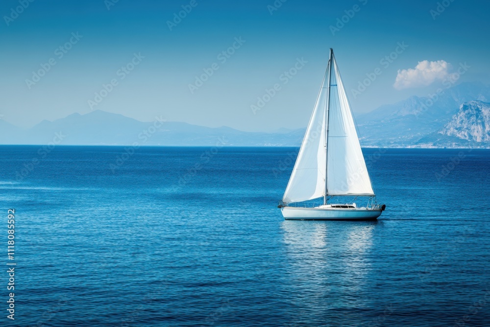 Obraz premium Serene Sailboat Voyage Across Azure Waters Majestic Mountain Vista