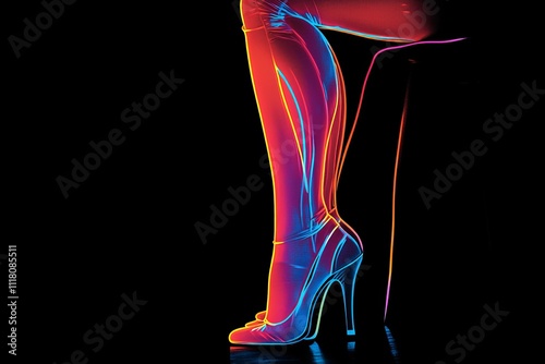 Neon vector graphic of women s legs in shoes isolated on black background for artistic appeal photo