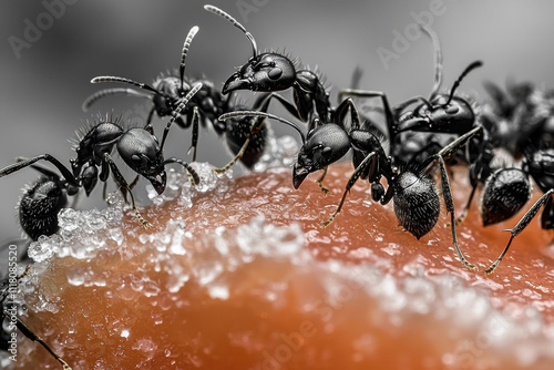 Close up of ants swarming over ripe piece of fruit
