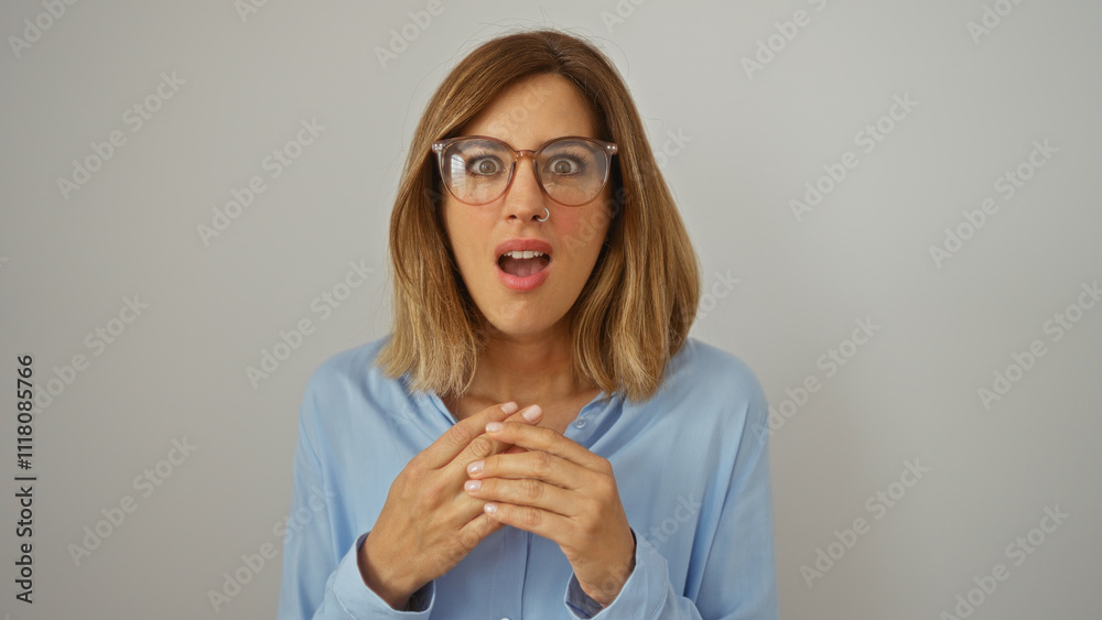 Woman with glasses, wearing blue shirt, surprised expression, isolated against white wall background Woman with glasses, wearing blue shirt, surprised expression, isolated against white wall background