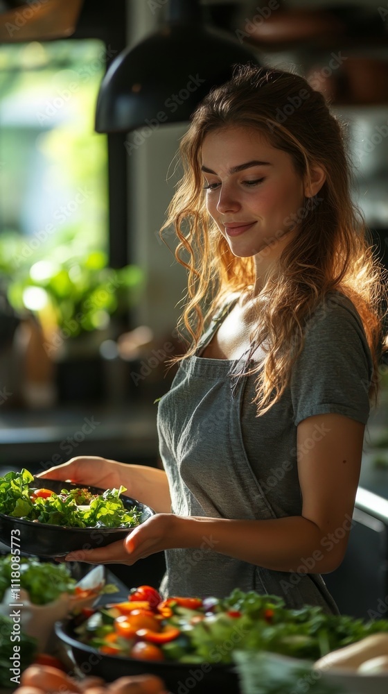 Young woman preparing fresh salad at home in the kitchen Young woman preparing fresh salad at home in the kitchen