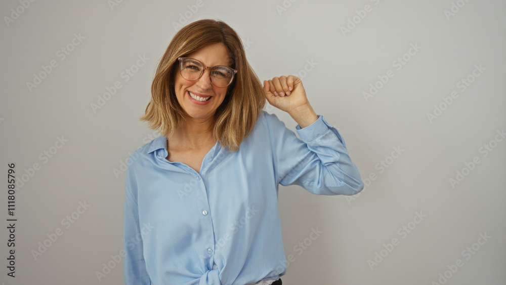 Attractive blonde woman smiling with glasses wearing blue blouse over isolated white background Attractive blonde woman smiling with glasses wearing blue blouse over isolated white background