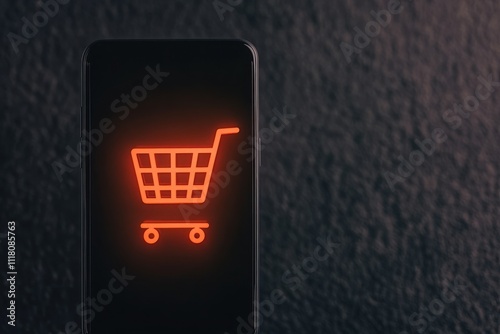 A glowing red shopping cart icon displayed on a smartphone against a dark background, symbolizing online shopping convenience. photo