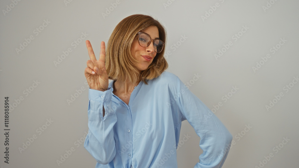 Young woman making peace sign wearing glasses and light blue shirt isolated against white background Young woman making peace sign wearing glasses and light blue shirt isolated against white background