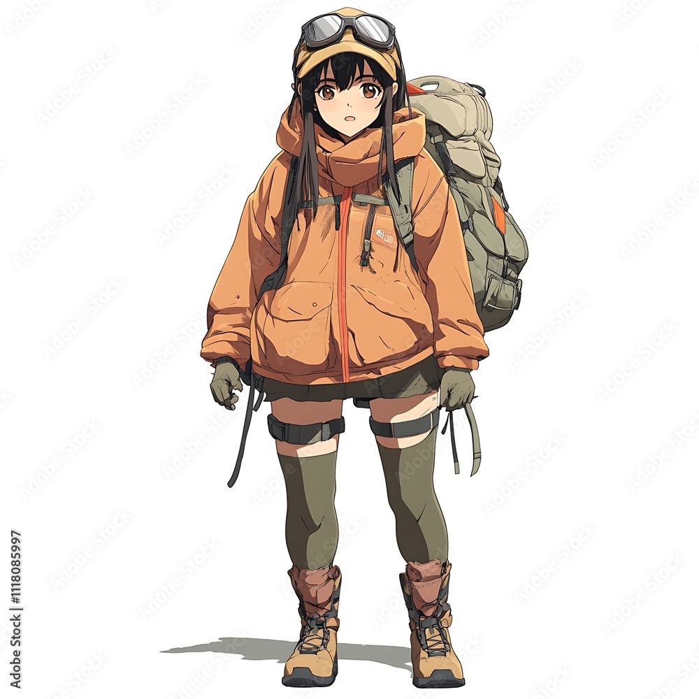 Anime character wearing travel gear on a white background Anime character wearing travel gear on a white background
