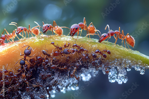 Close up of ants swarming over ripe piece of fruit
