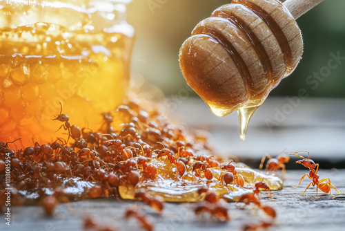 Close up of ants swarming over spilled honey jar