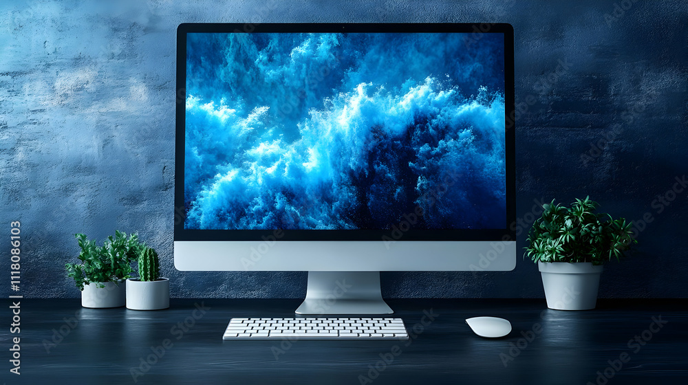 Fototapeta premium Blue Monday Quiet Workspace concept as Quiet and minimalist workspace setup reflecting the subdued mood of Blue Monday for magazine advertisement with copy space. in Photo Stock Concept 