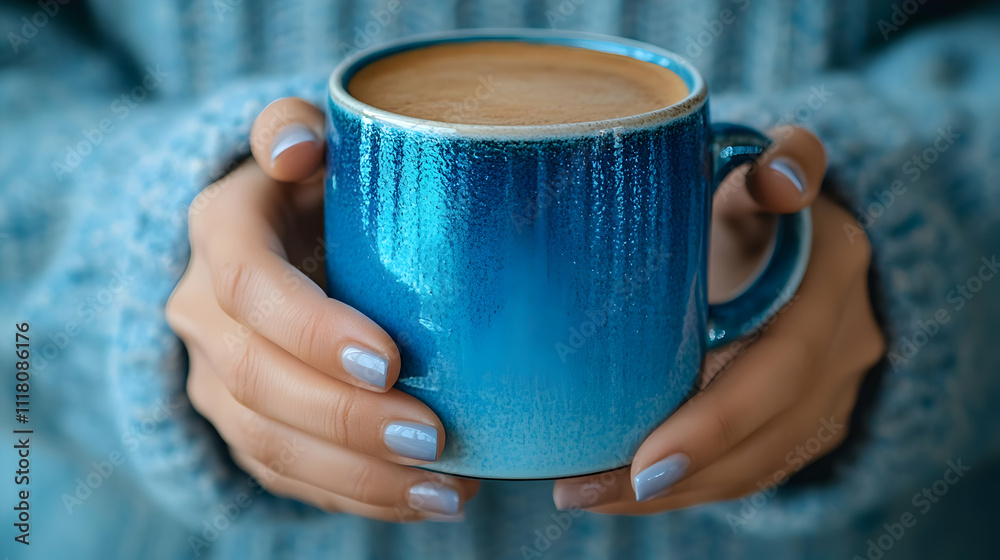 Blue Monday Reflective Coffee concept as Close up of a person holding a coffee mug looking reflective and blue on Blue Monday suitable for magazine advertisement with copy space. in Photo Stock Conc Blue Monday Reflective Coffee concept as Close up of a person holding a coffee mug looking reflective and blue on Blue Monday suitable for magazine advertisement with copy space. in Photo Stock Conc