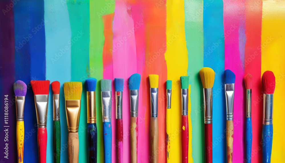 Various art brushes on a bright rainbow canvas background.... Various art brushes on a bright rainbow canvas background....