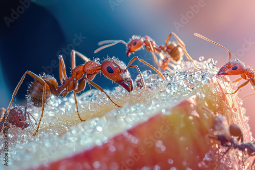 Macro photograph of ants sliced apple, showcasing nature detail