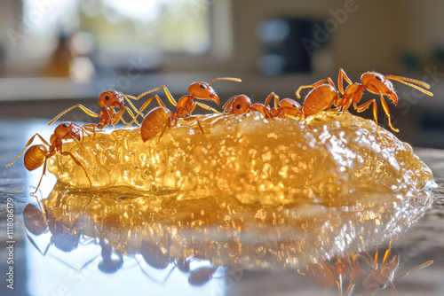 Macro photograph of ants swarming honey on surface