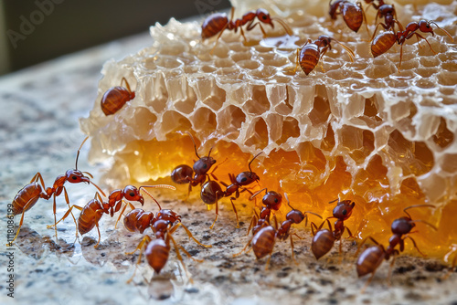 Macro photograph of ants swarming honey on honeycomb