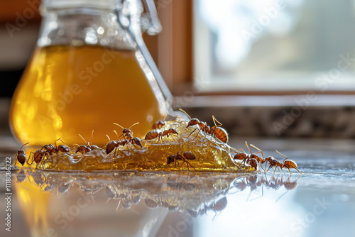 Macro shot of ants swarming over spilled honey