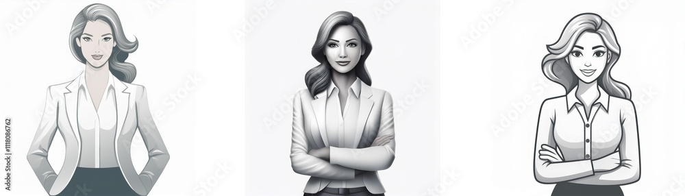 Three grayscale illustrations depict women in business attire. They each have different hairstyles and poses, showcasing professionalism and confidence. Three grayscale illustrations depict women in business attire. They each have different hairstyles and poses, showcasing professionalism and confidence.