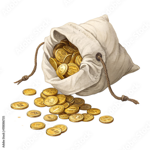 3d render cotton bag full of gold coins isolated on transparent  background