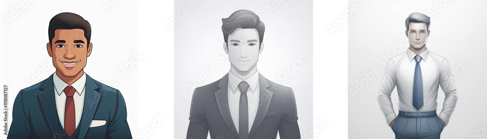 Three illustrated portraits of men in business attire. One is in color, another grayscale, and the third in muted tones. Three illustrated portraits of men in business attire. One is in color, another grayscale, and the third in muted tones.