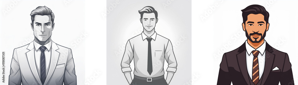 Three illustrated men in business attire; one in grayscale, one in light colors, and one in dark colors. Different hairstyles and facial hair are shown. Three illustrated men in business attire; one in grayscale, one in light colors, and one in dark colors. Different hairstyles and facial hair are shown.