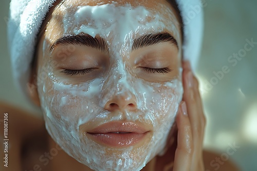 A woman with closed eyes enjoys a rejuvenating facial mask treatment, embracing the essence of self-care and beauty.