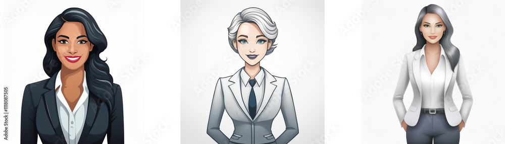 Three stylized portraits of businesswomen. Each woman has a unique hairstyle and professional attire. The image suggests success, confidence, and diversity. Three stylized portraits of businesswomen. Each woman has a unique hairstyle and professional attire. The image suggests success, confidence, and diversity.