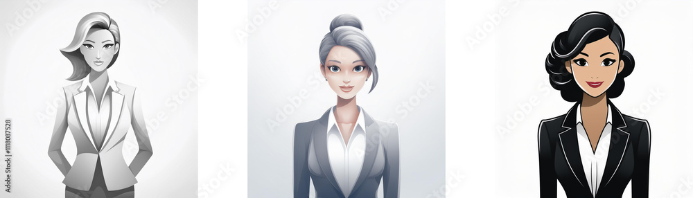 Three stylized female business portraits; one in grayscale, one with gray hair, and one with dark hair.  They exude professionalism and confidence.