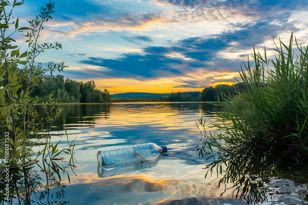 Crushed plastic bottle floats in serene lakeside sunset scene, reflecting golden hues Crushed plastic bottle floats in serene lakeside sunset scene, reflecting golden hues