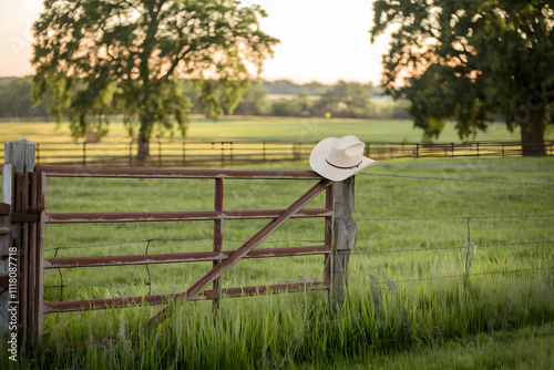 Cowboy hat on weathered fence amidst green fields, evokes rustic countryside charm