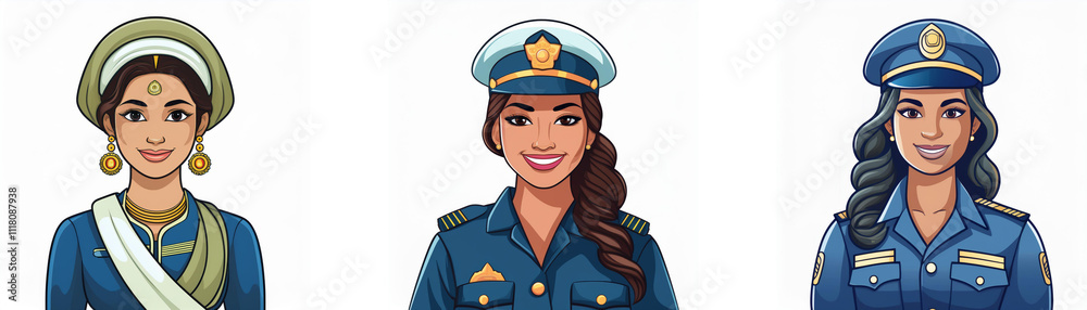 Three women in diverse uniforms. One wears traditional South Asian attire, while two others are in police-style uniforms. They exude strength and professionalism. Three women in diverse uniforms. One wears traditional South Asian attire, while two others are in police-style uniforms. They exude strength and professionalism.