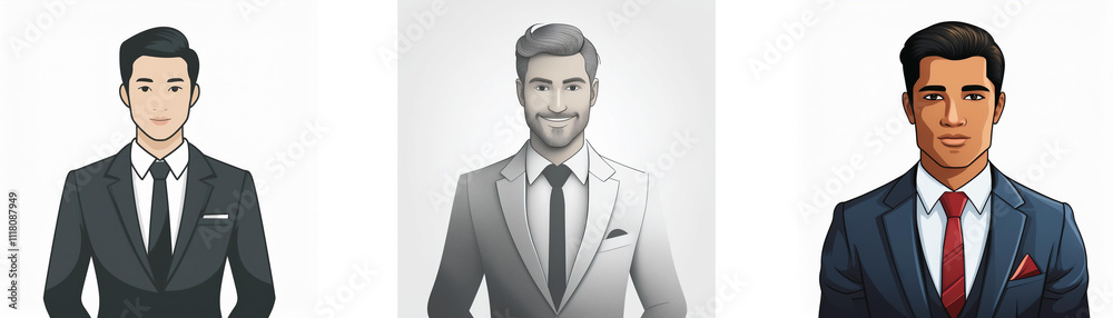 Three men in suits, illustrated in different colors and styles. The image showcases diverse appearances and professional attire. Three men in suits, illustrated in different colors and styles. The image showcases diverse appearances and professional attire.