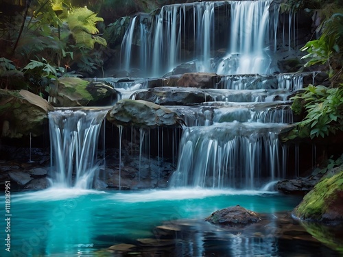 Serene Cascading Waterfall in Lush Green Forest