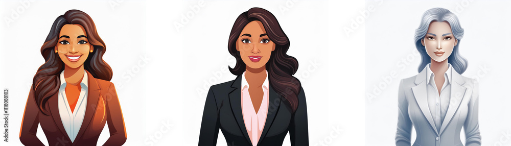 Three diverse women in business attire; professional, confident, stylish. Different hair colors and skin tones are represented. Three diverse women in business attire; professional, confident, stylish. Different hair colors and skin tones are represented.