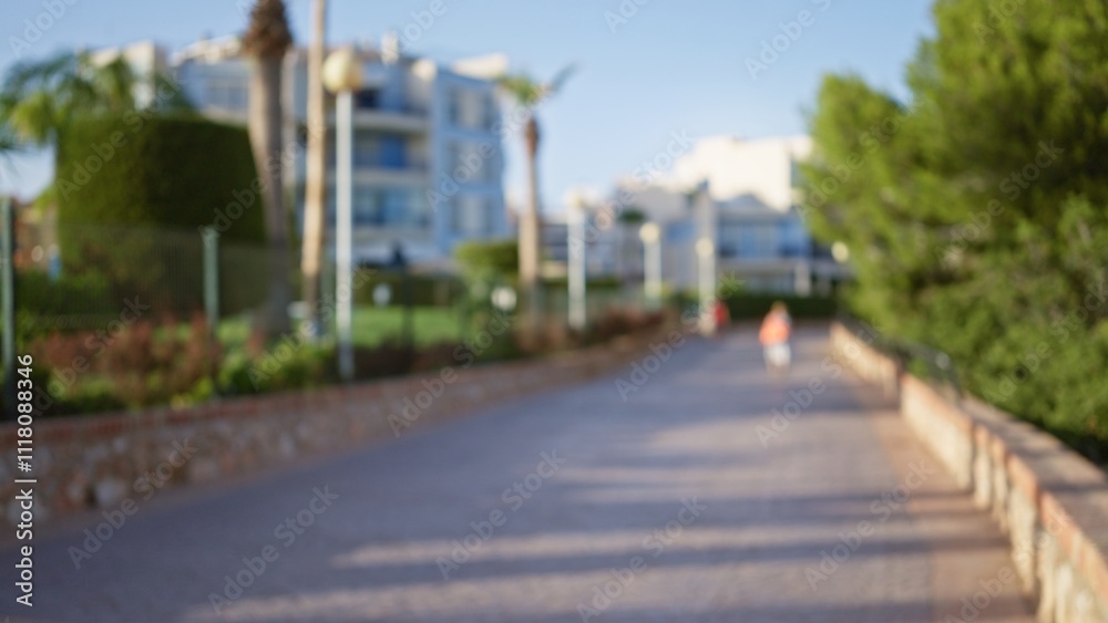 Blurred woman walking on an outdoor path with a defocused background of palm trees and modern buildings on a sunny day Blurred woman walking on an outdoor path with a defocused background of palm trees and modern buildings on a sunny day
