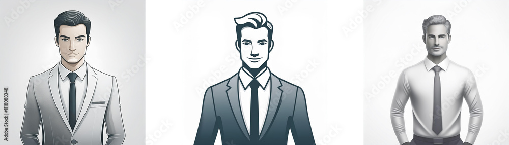 Three stylized illustrations of men in suits and ties; varying hairstyles and expressions. Clean lines, grayscale palette. Three stylized illustrations of men in suits and ties; varying hairstyles and expressions. Clean lines, grayscale palette.
