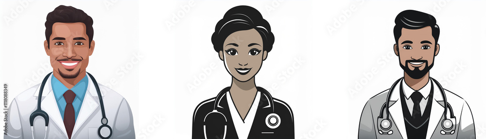 Three illustrated medical professionals: two male doctors and a female nurse. Diverse ethnicities are represented in this healthcare team. Three illustrated medical professionals: two male doctors and a female nurse. Diverse ethnicities are represented in this healthcare team.