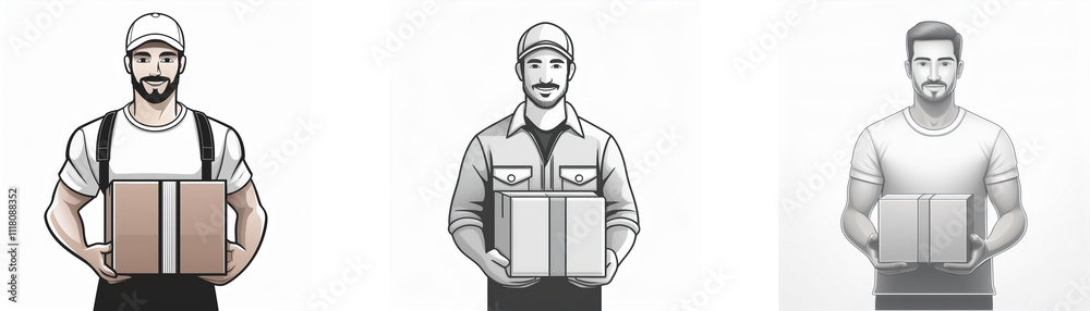 Three grayscale illustrations depict delivery men holding packages. One wears overalls, another a t-shirt, and the third suspenders. Three grayscale illustrations depict delivery men holding packages. One wears overalls, another a t-shirt, and the third suspenders.
