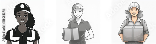 Three diverse delivery women in uniform, holding packages. They represent efficiency and reliability in delivery services.